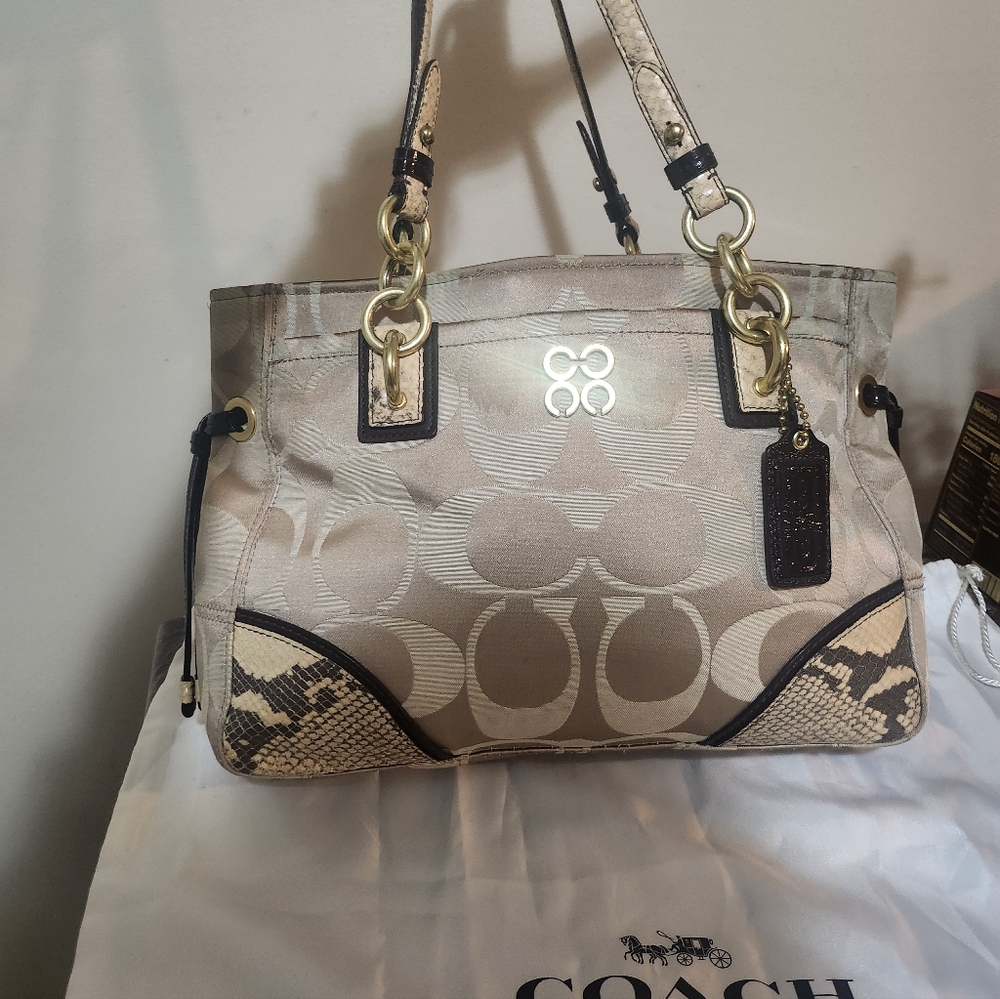 Coach Colette Signature Monogram/Snakeskin Designer Tote Bag EUC
